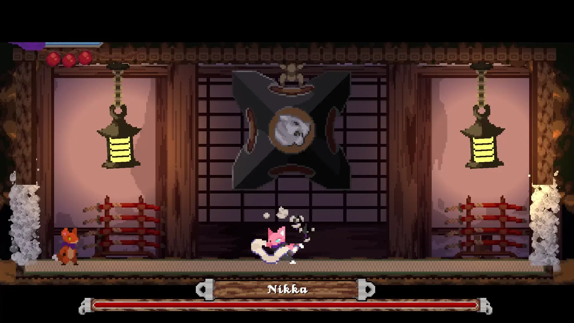Rising Fox pixel art metroidvania: Nyx fighting a boss in a lantern-lit arena