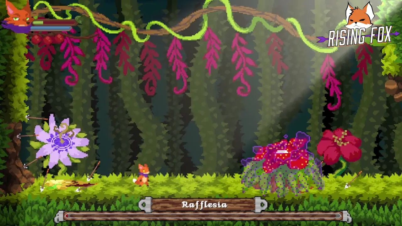 Rising Fox: Nyx fighting a giant flower boss in a colorful forest